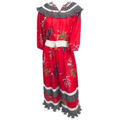 1980s Dian Fréis Red Floral Printed Dress