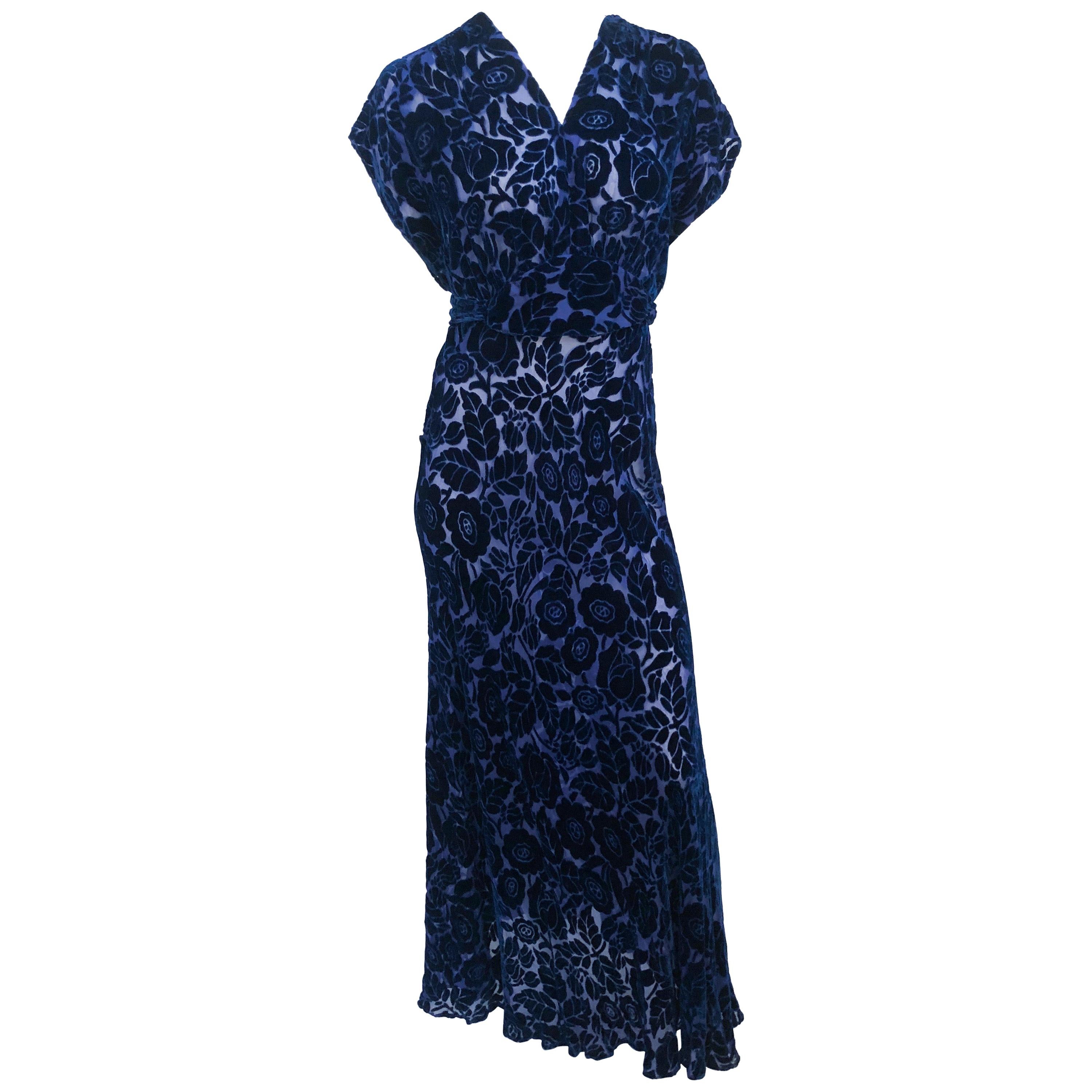 Royal Blue Art Deco Cut Velvet Gown, 1930s 