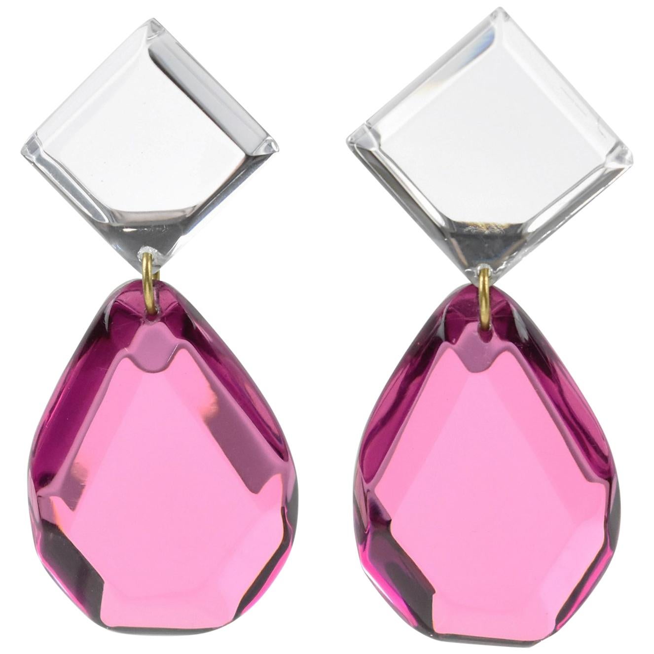 Harriet Bauknight for Kaso Oversized Pink Lucite Dangling Drop Clip Earrings