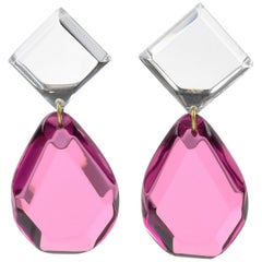Harriet Bauknight for Kaso Oversized Pink Lucite Dangling Drop Clip Earrings