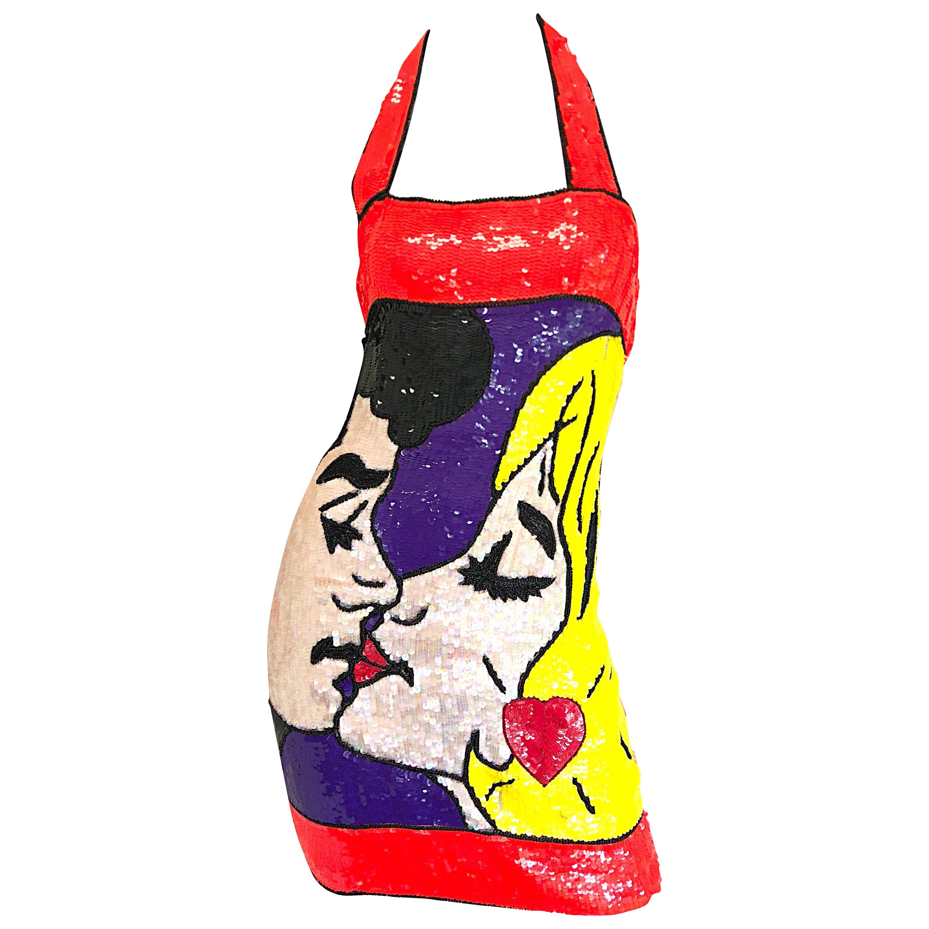 1990er Philippe Albert Pop Art Lichtenstein Vintage 90er Jahre Kleid mit Pailletten und Perlen im Angebot