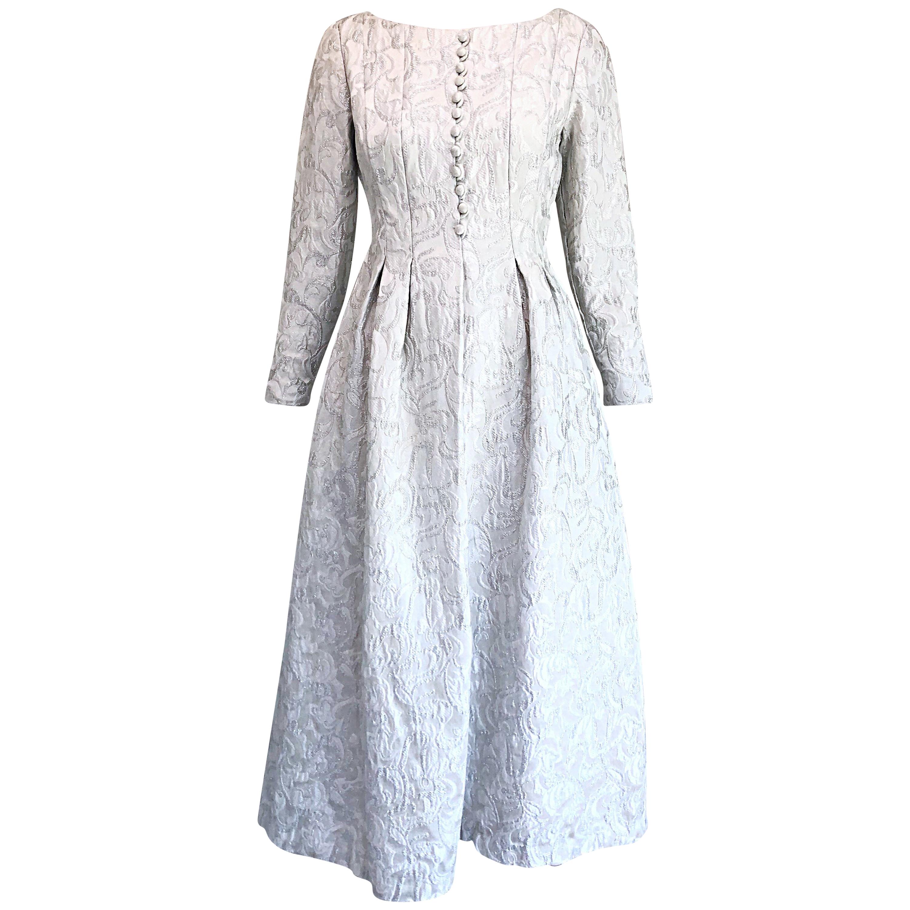 Ceil Chapman 1960s White + Silver Silk Brocade Vintage 60s Midi Dress Gown 