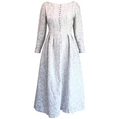 Ceil Chapman 1960s White + Silver Silk Brocade Retro 60s Midi Dress Gown 