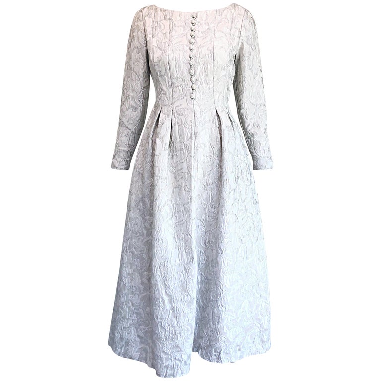 Ceil Chapman 1960s White + Silver Silk Brocade Vintage 60s Midi Dress ...