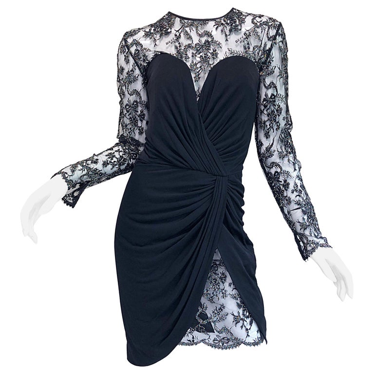 80s black lace dress Vintage 1980s Victor Costa Black Lace Ruffle Dress, Small