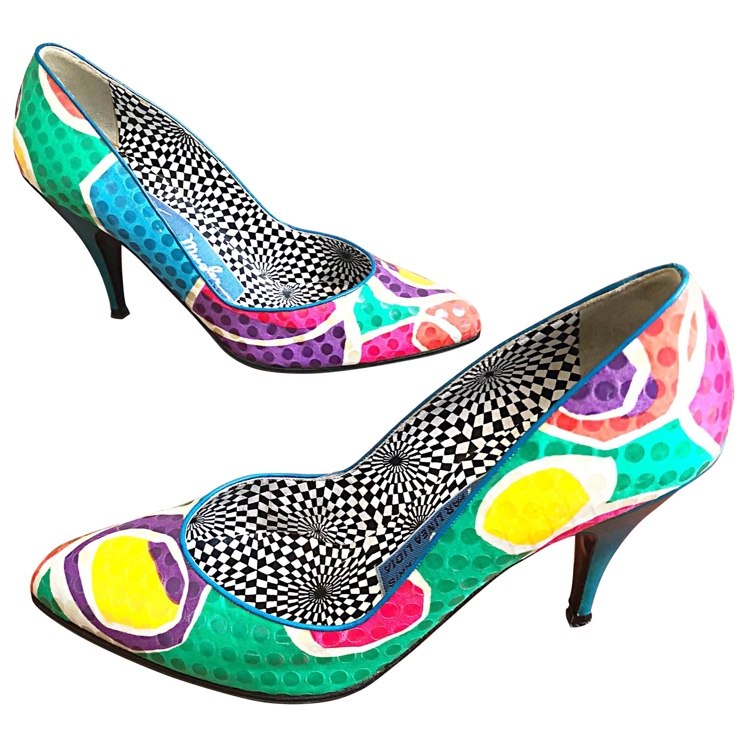 Vintage Thierry Mugler Size 7.5 Abstract Colorful Sequin High Heel Shoes Pumps