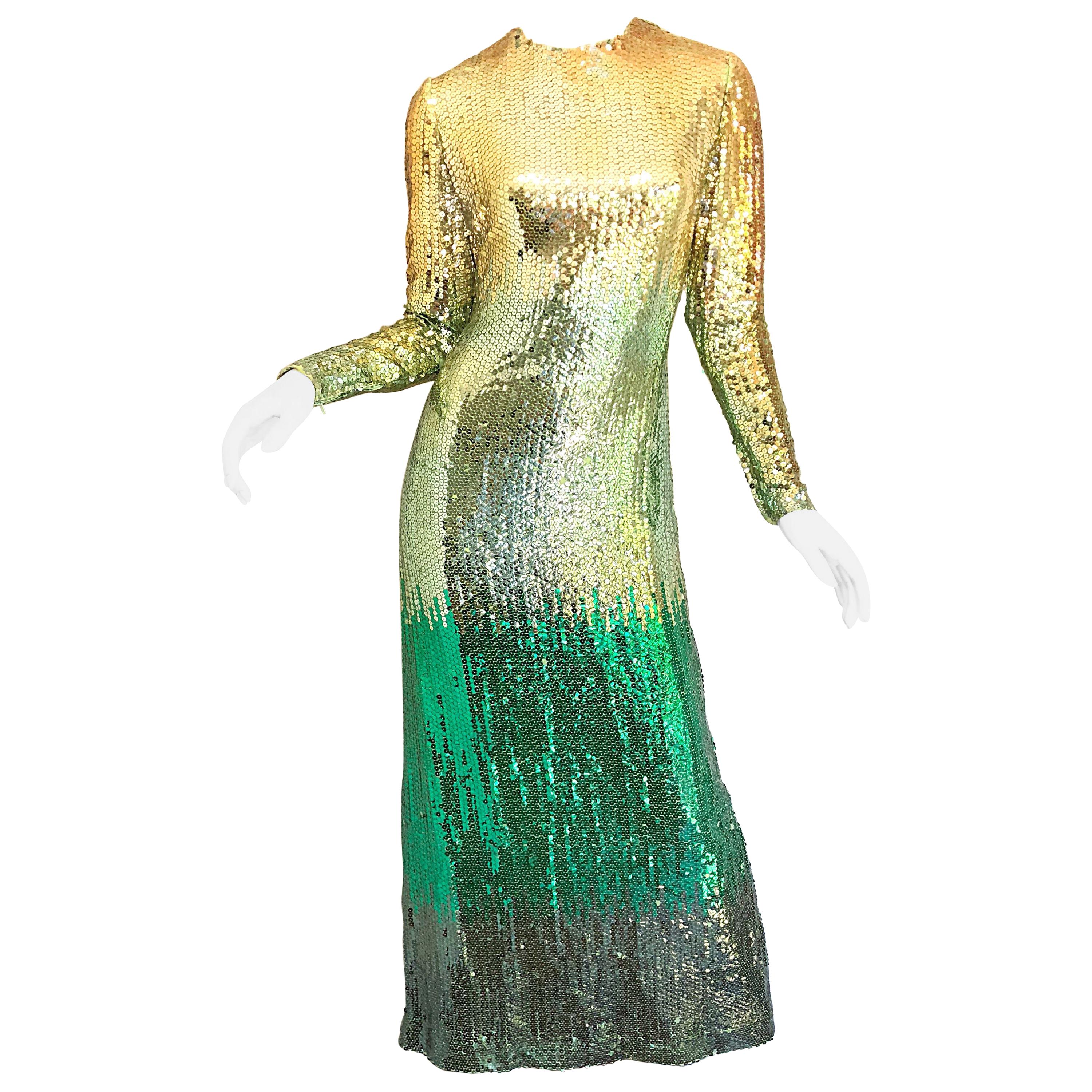 Amazing 1960s Bill Blass Gold + Green Ombre Sequined Vintage 60s Gown Dress