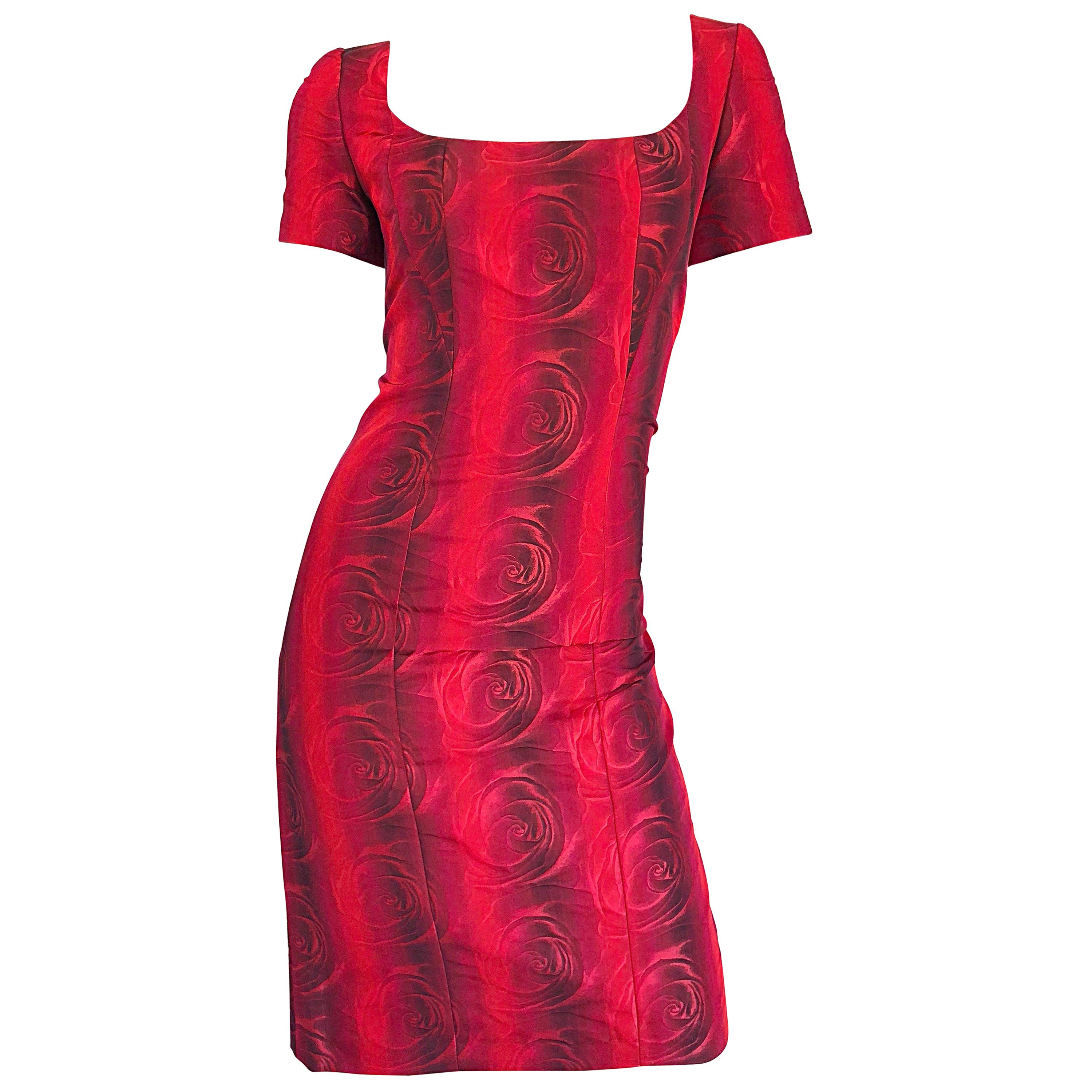 1990s Louis Feraud Size 6 Red Silk Abstract Rose Print Vintage 90s Silk Dress