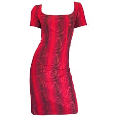1990s Louis Feraud Size 6 Red Silk Abstract Rose Print Retro 90s Silk Dress