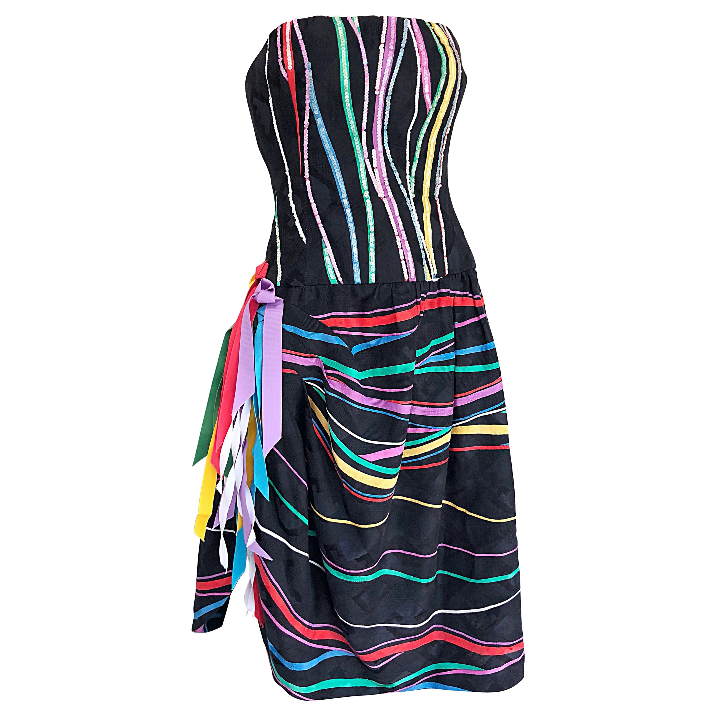 Finales de los 70 Bob Mackie Raro Vestido de seda sin tirantes Vintage 70s Lentejuelas + Cintas en venta