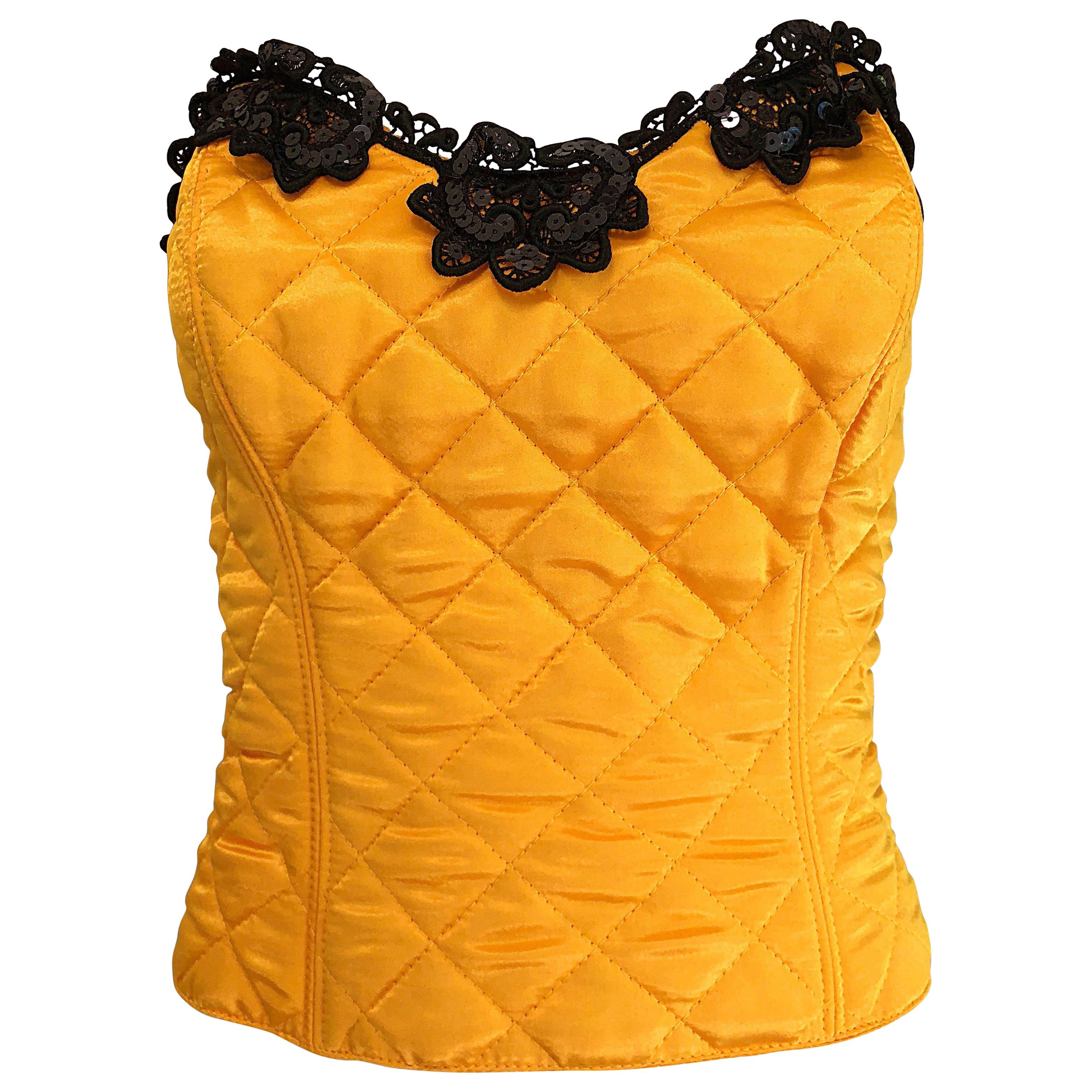 1990s Natori for Neiman Marcus Yellow Quilted Sequin Strapless Vintage Bustier For Sale