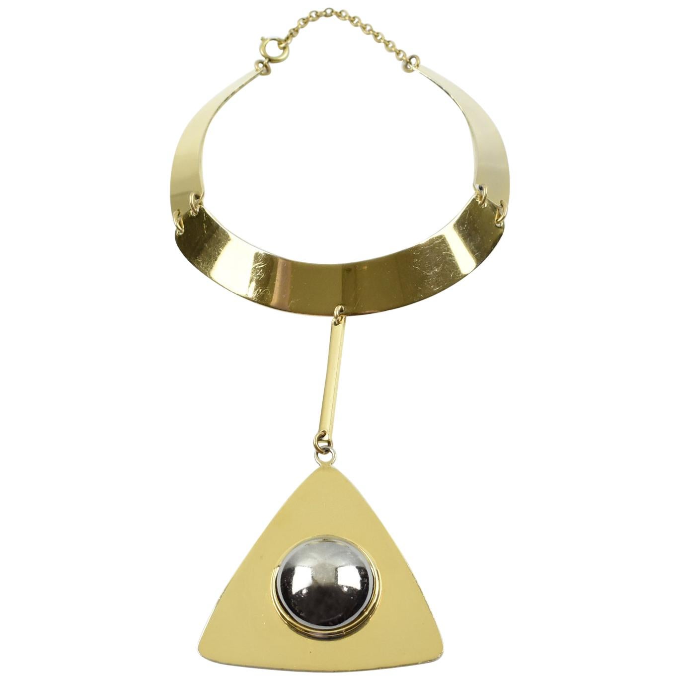 Pierre Cardin Paris Modernist Space Age Gilt Metal Rigid Collar Necklace 