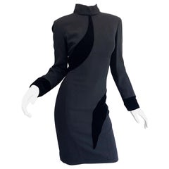 Vintage Bill Blass 1990s Size 8 Black Long Sleeve Wool High Neck 90s Dress