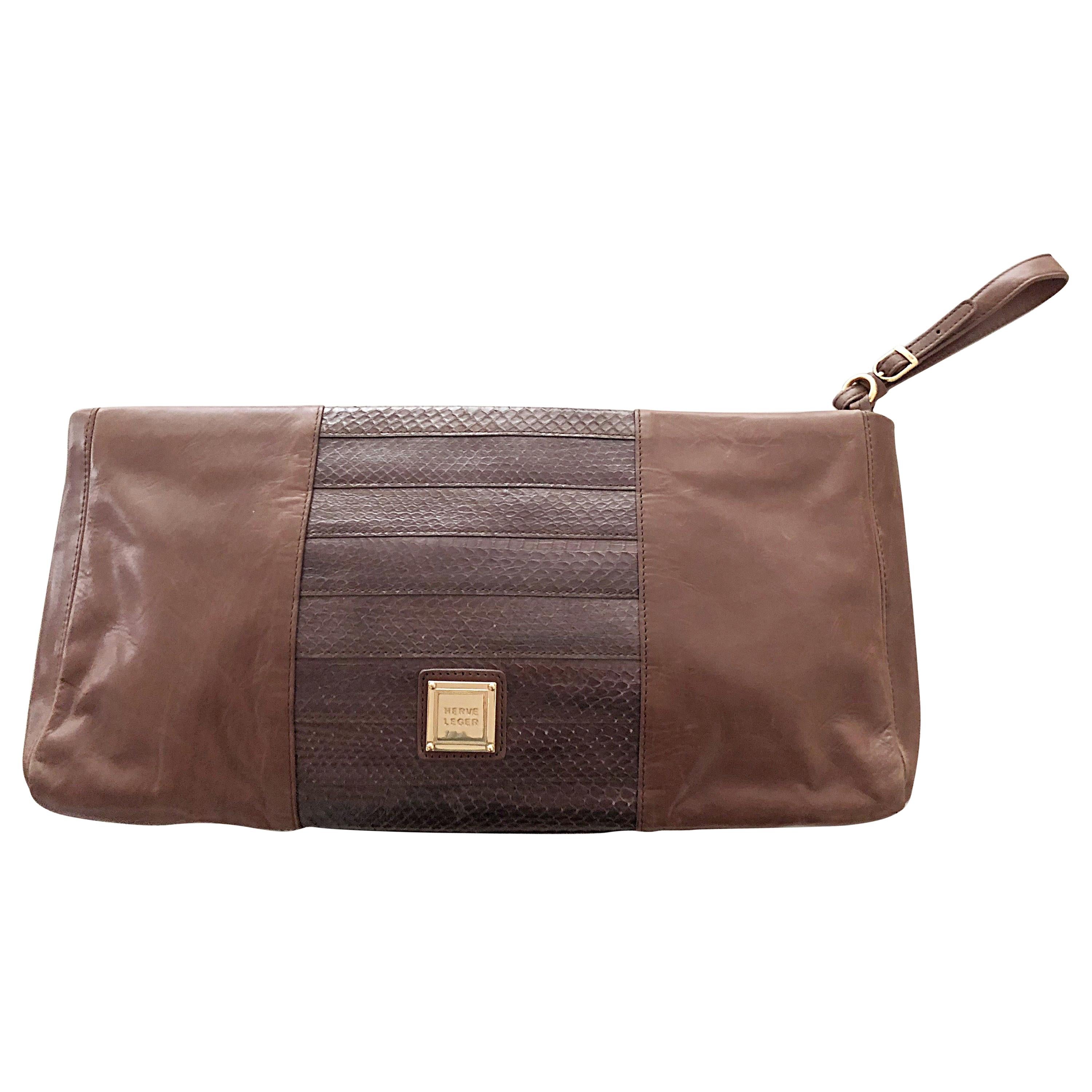 Herve Leger Snake + Leather Taupe Brown Extra Large Wristlet Large Clutch