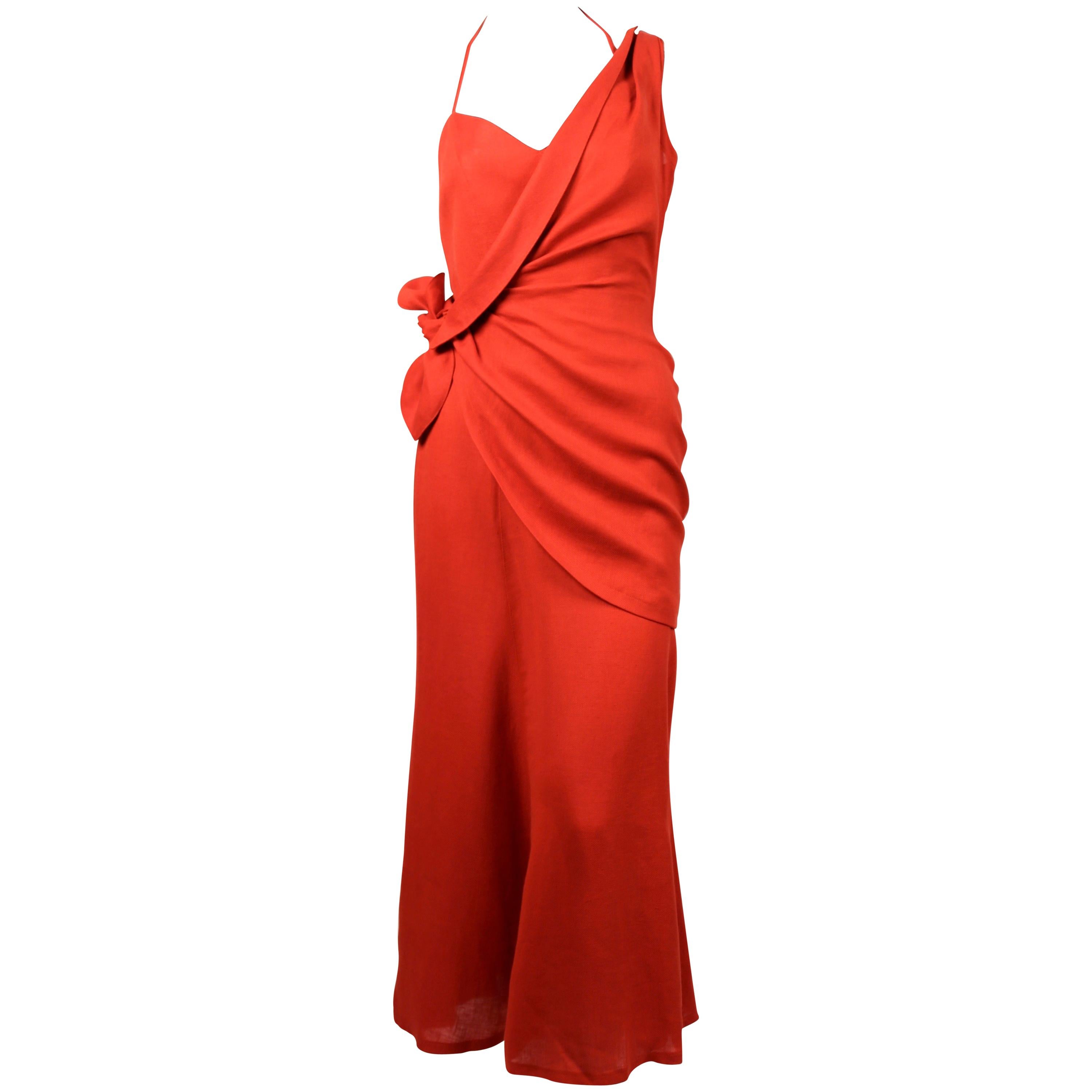 Thierry Mugler terra cotta linen dress with asymmetrical wrap, 1990s 