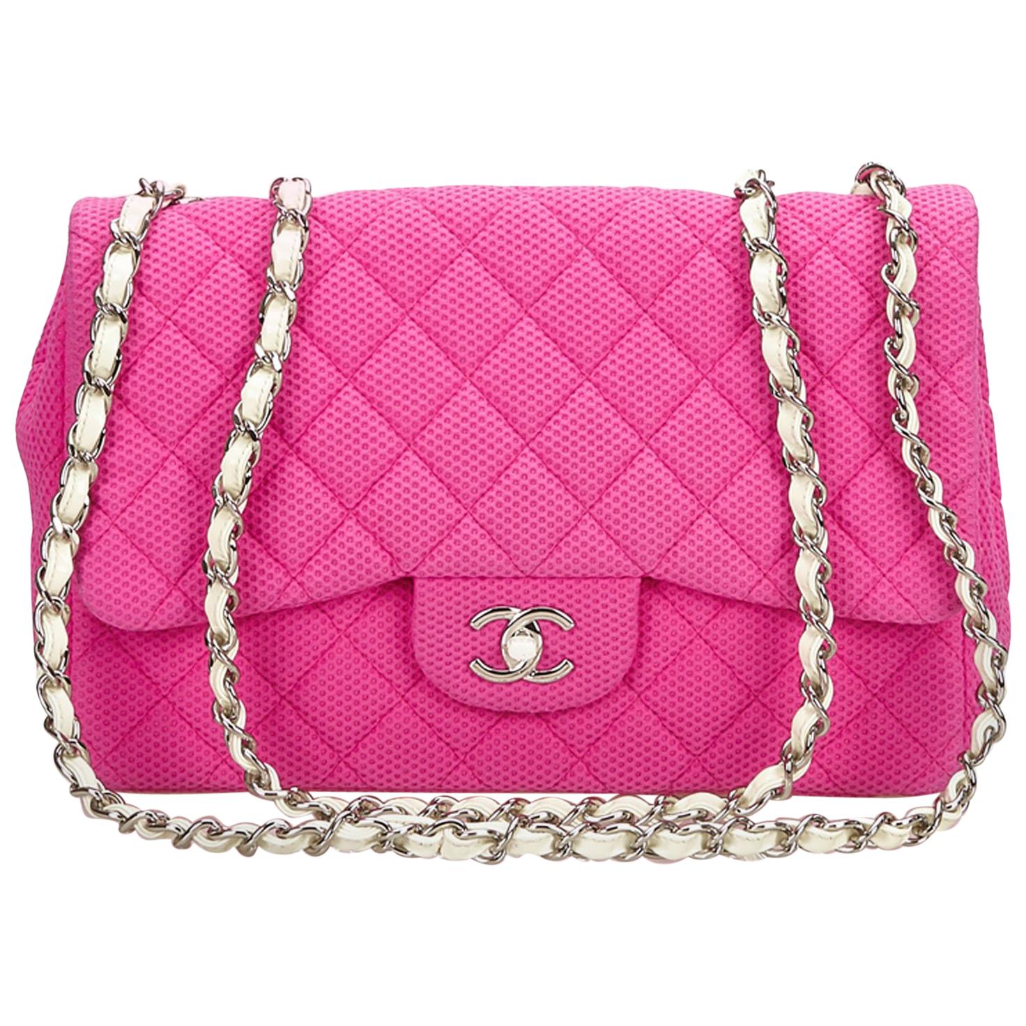Chanel Pink and White Jumbo Cotton Flap Bag
