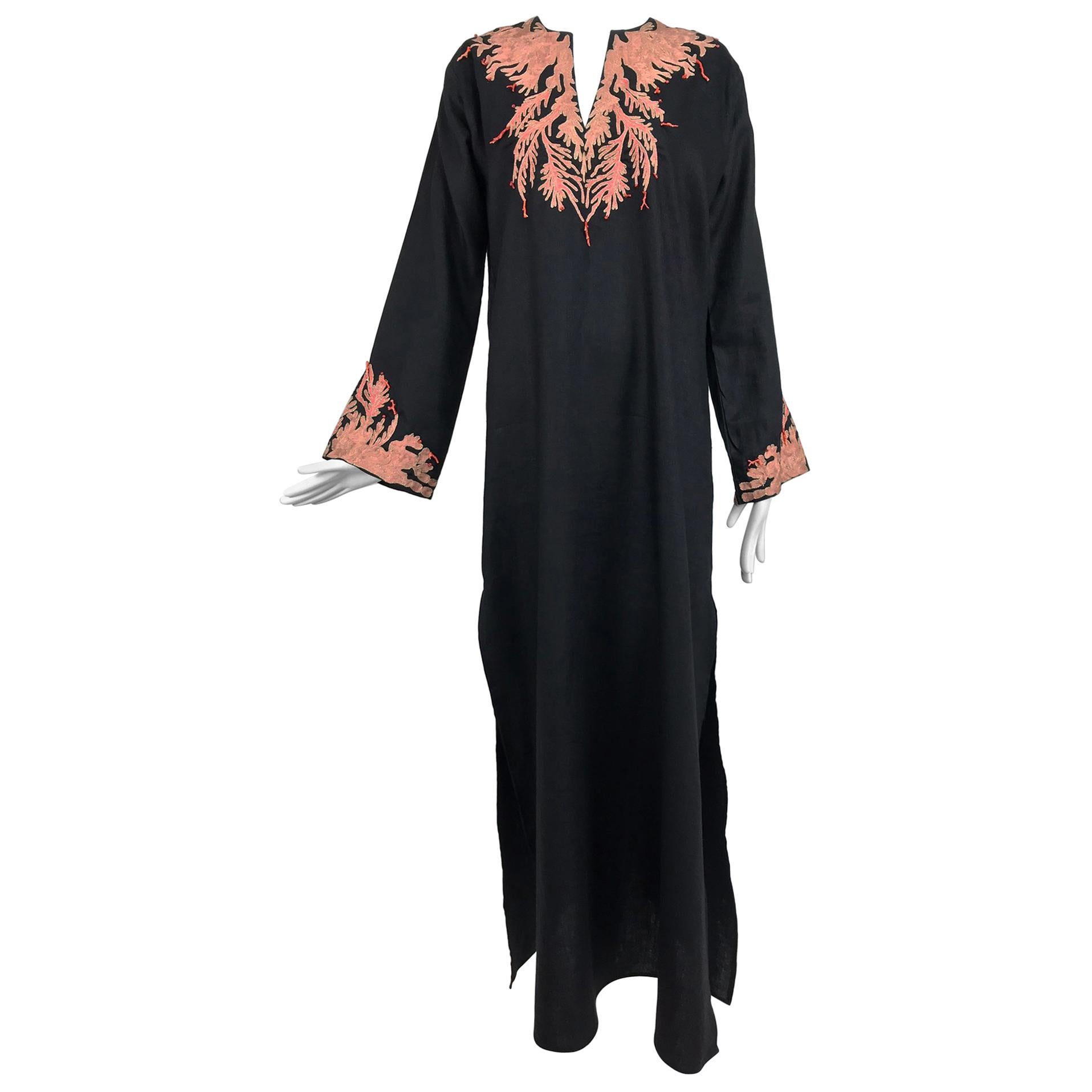 Jeannie McQueeny coral embroidered black linen caftan 