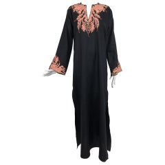 Jeannie McQueeny coral embroidered black linen caftan 