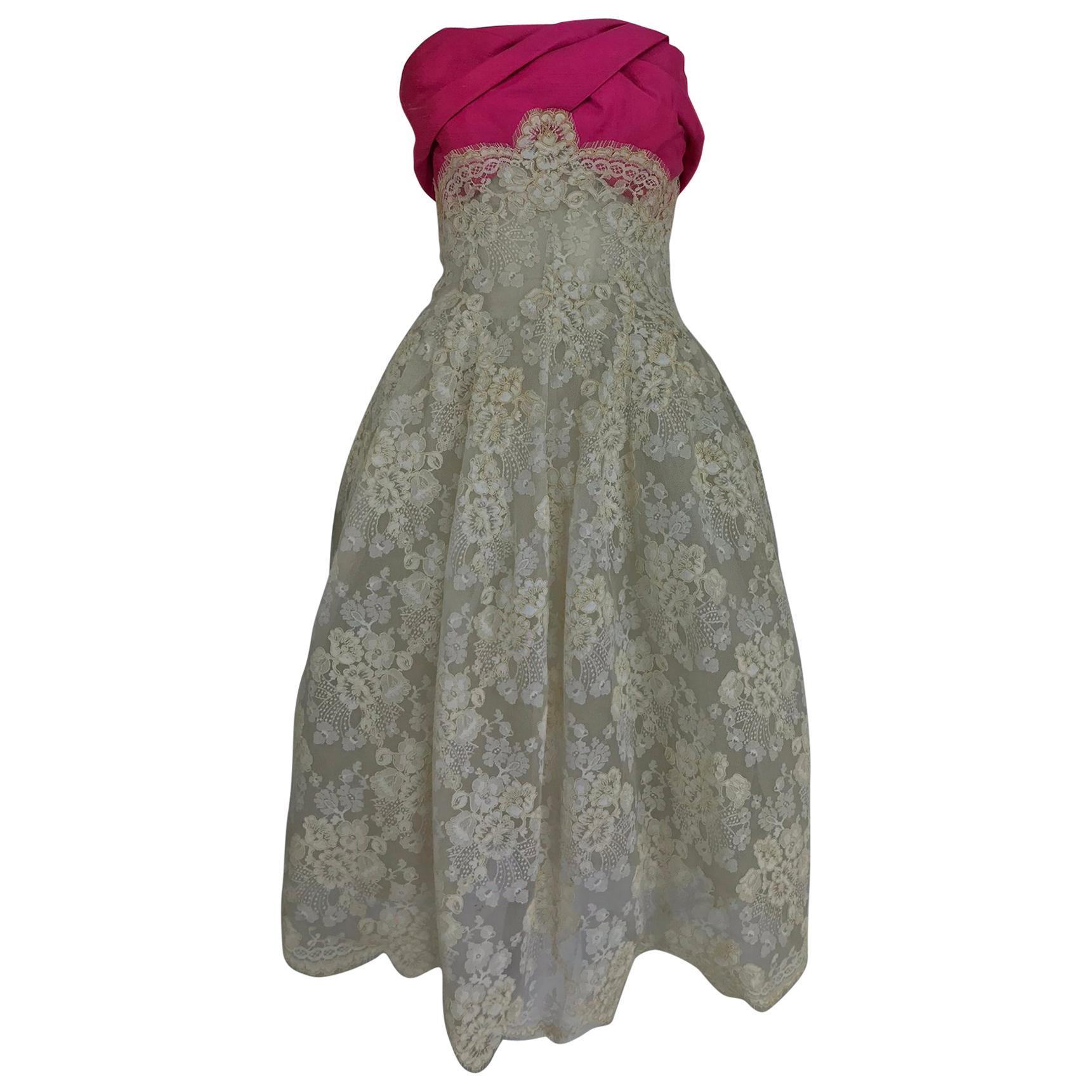 Hattie Carnegie Custom cream guipure lace pink silk strapless dress, 1950s