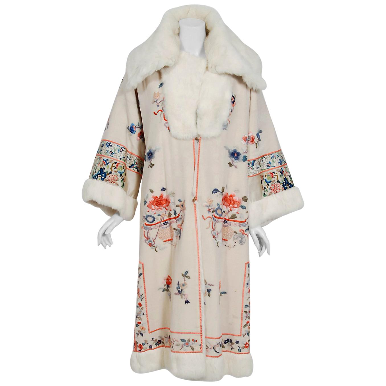 1920's Reversible Chinese Embroidered Ivory Silk Crepe Rabbit Fur Couture Coat