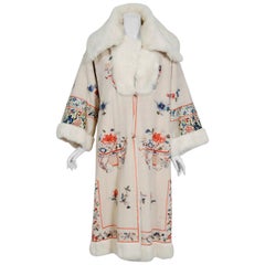 Antique 1920's Reversible Chinese Embroidered Ivory Silk Crepe Rabbit Fur Couture Coat