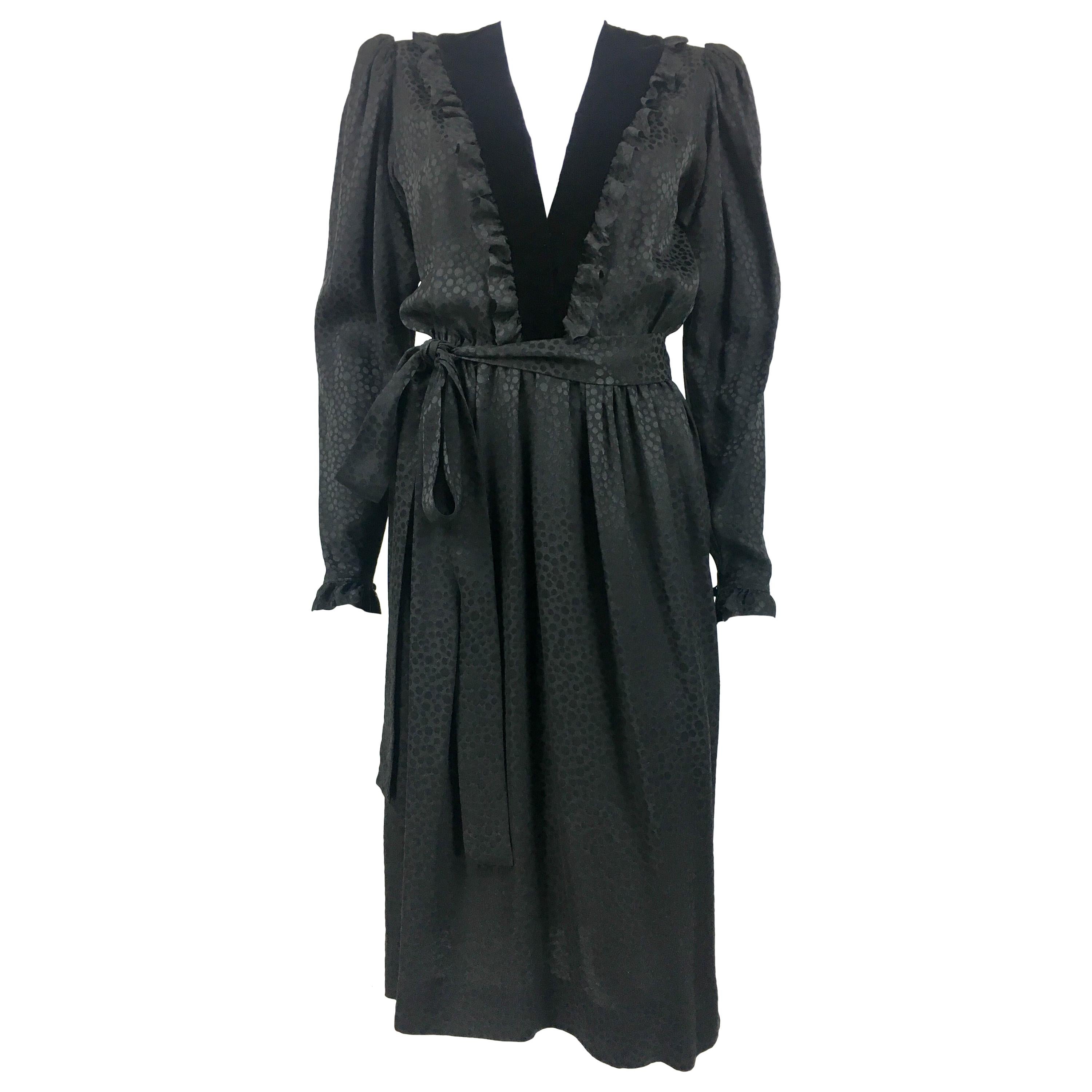 1980's Yves Saint Laurent Black Polka Dot Silk Dress With Ruffles and Velvet For Sale