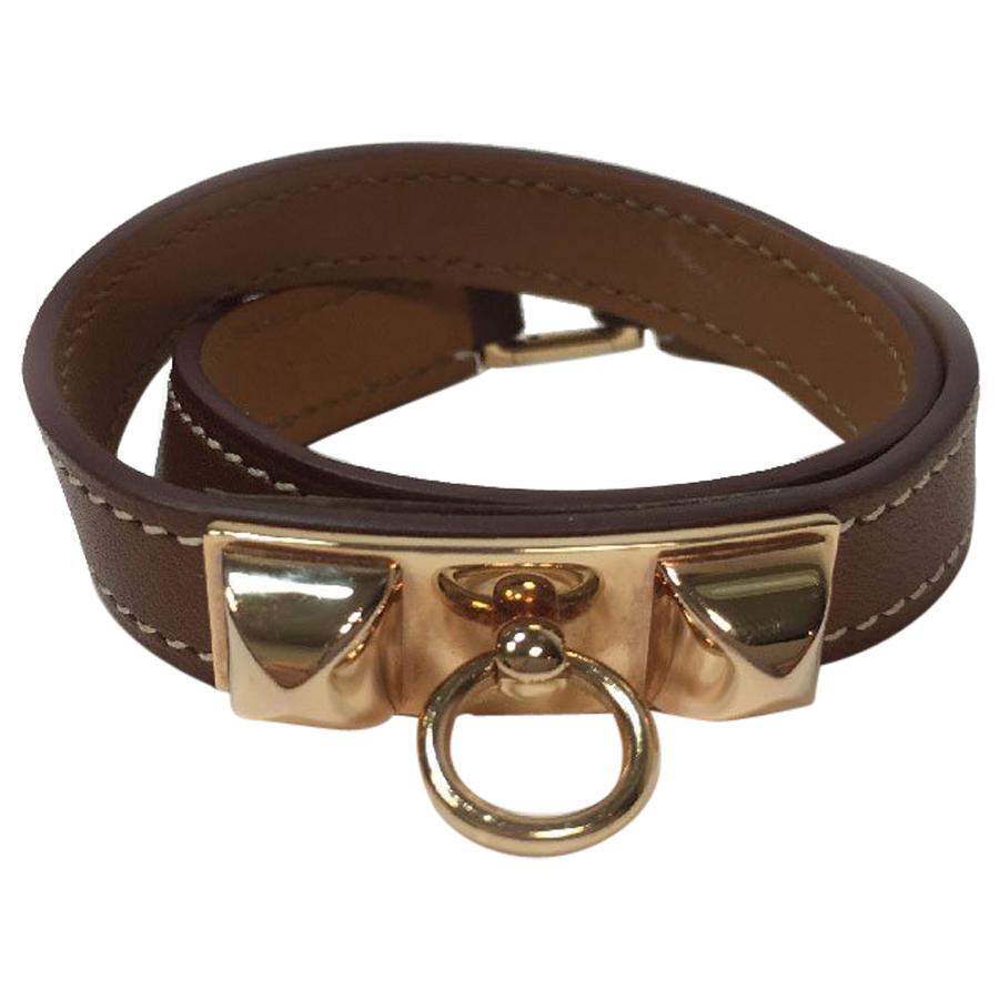 HERMES 'Rivale Double Tour' Bracelet in Brown Swift Leather and Gold Plate Studs