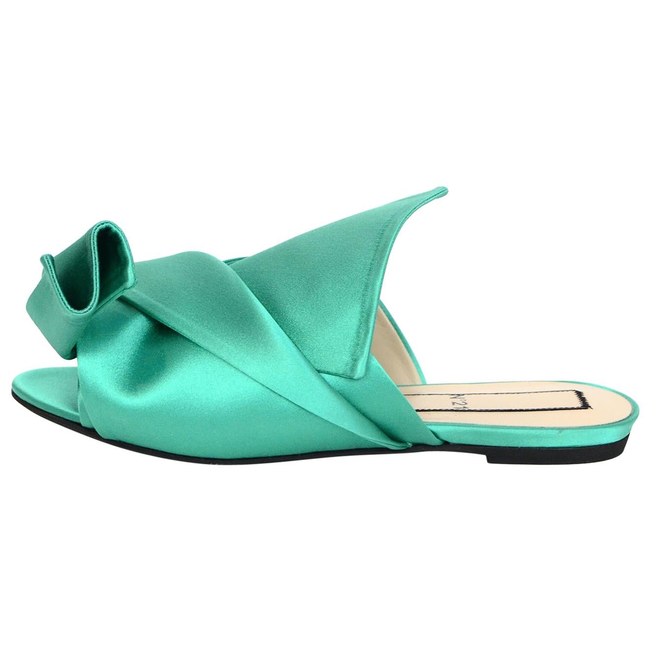 No 21 Green Satin Knotted Open-Toe Mules