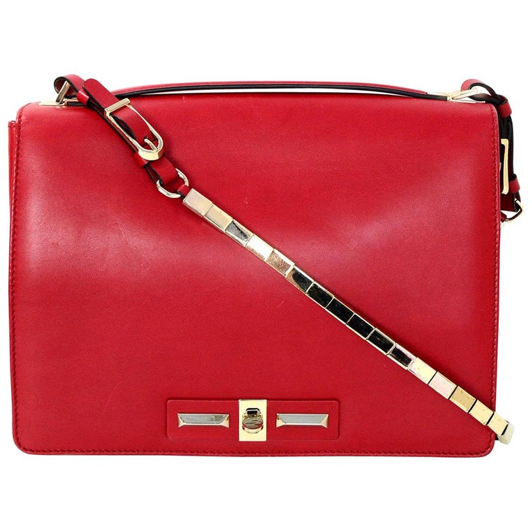 Valentino Red Vitello Rockstud Turnlock Metal Chain Shoulder