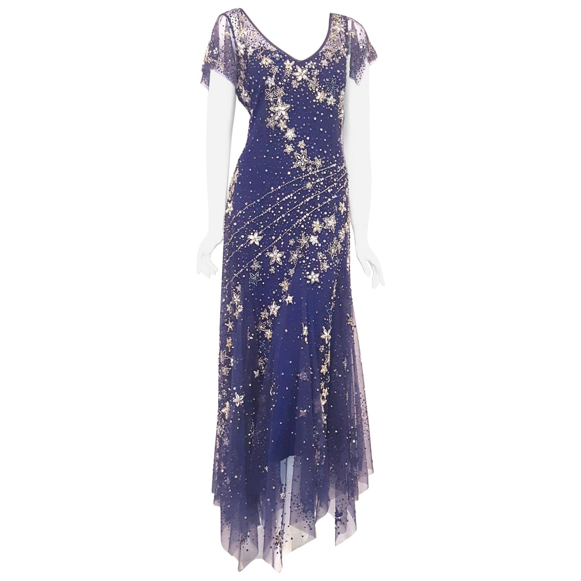 Bellville Sassoon Embellished Midnight Blue Tulle & Silk Star Studded Gown For Sale