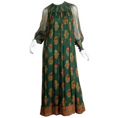 Treacy Lowe Vintage Green Silk Chiffon Indian Paisley Floral Print Dress, 1970s 