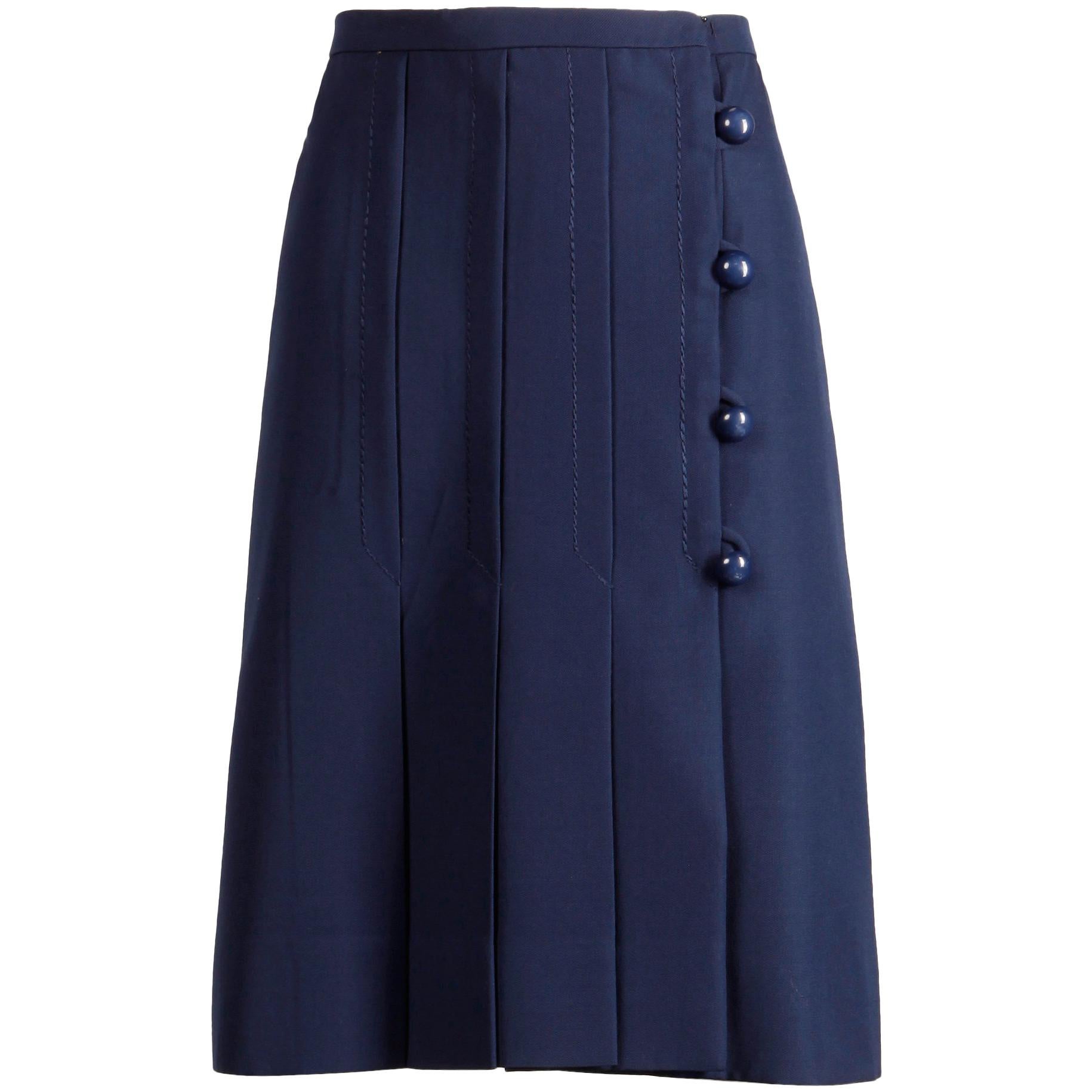 Jean Patou Vintage Navy Blue Wool and Silk Asymmetric Pleated Mod Skirt, 1960s   For Sale