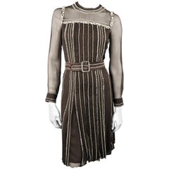 PRADA Size 4 Brown Silk Rhinestone Studded Contrast Stitching Cocktail Dress