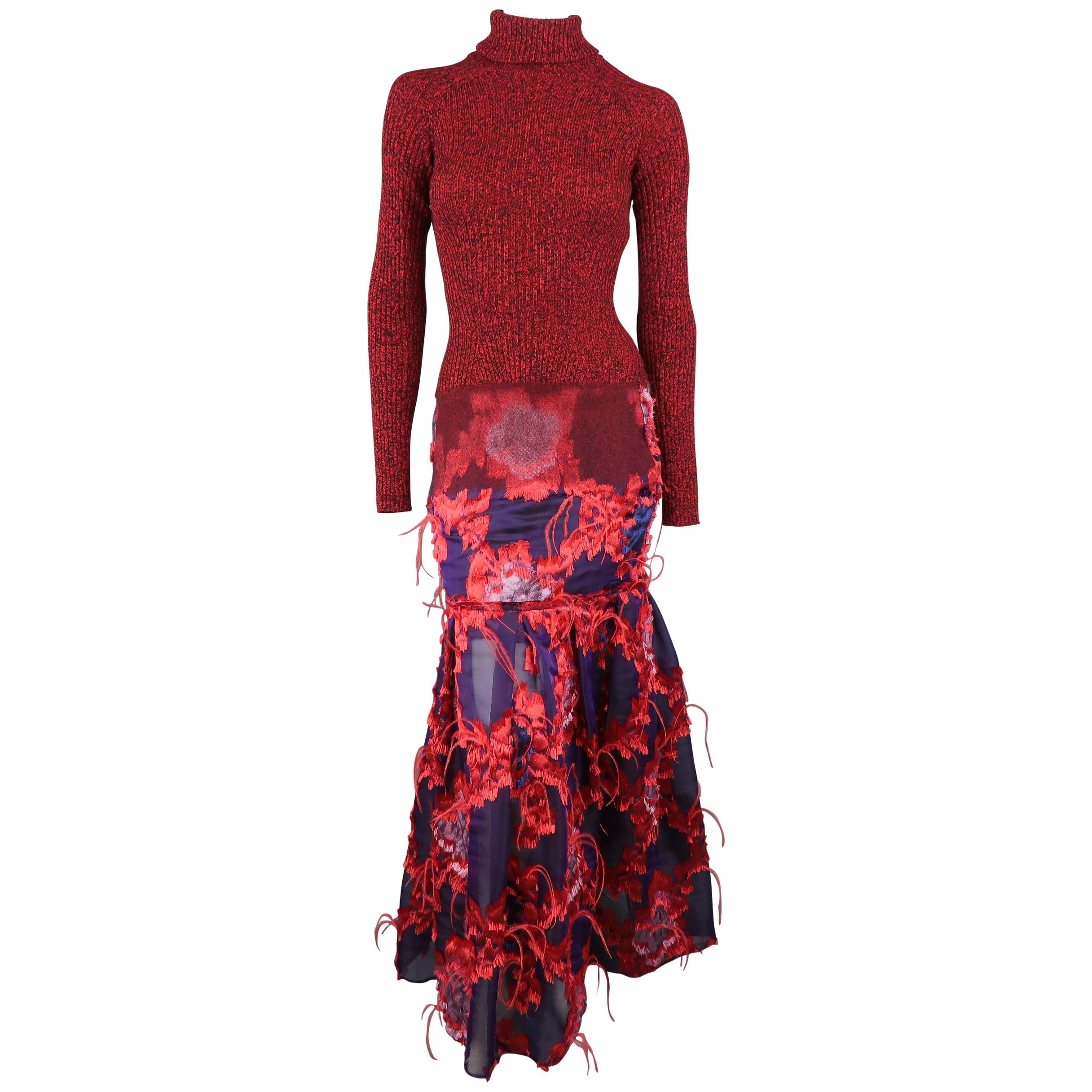 ERDEM Gown - Fall 2015 Runway - Red, Purple, Knit, Taffeta Feather Evening Dress