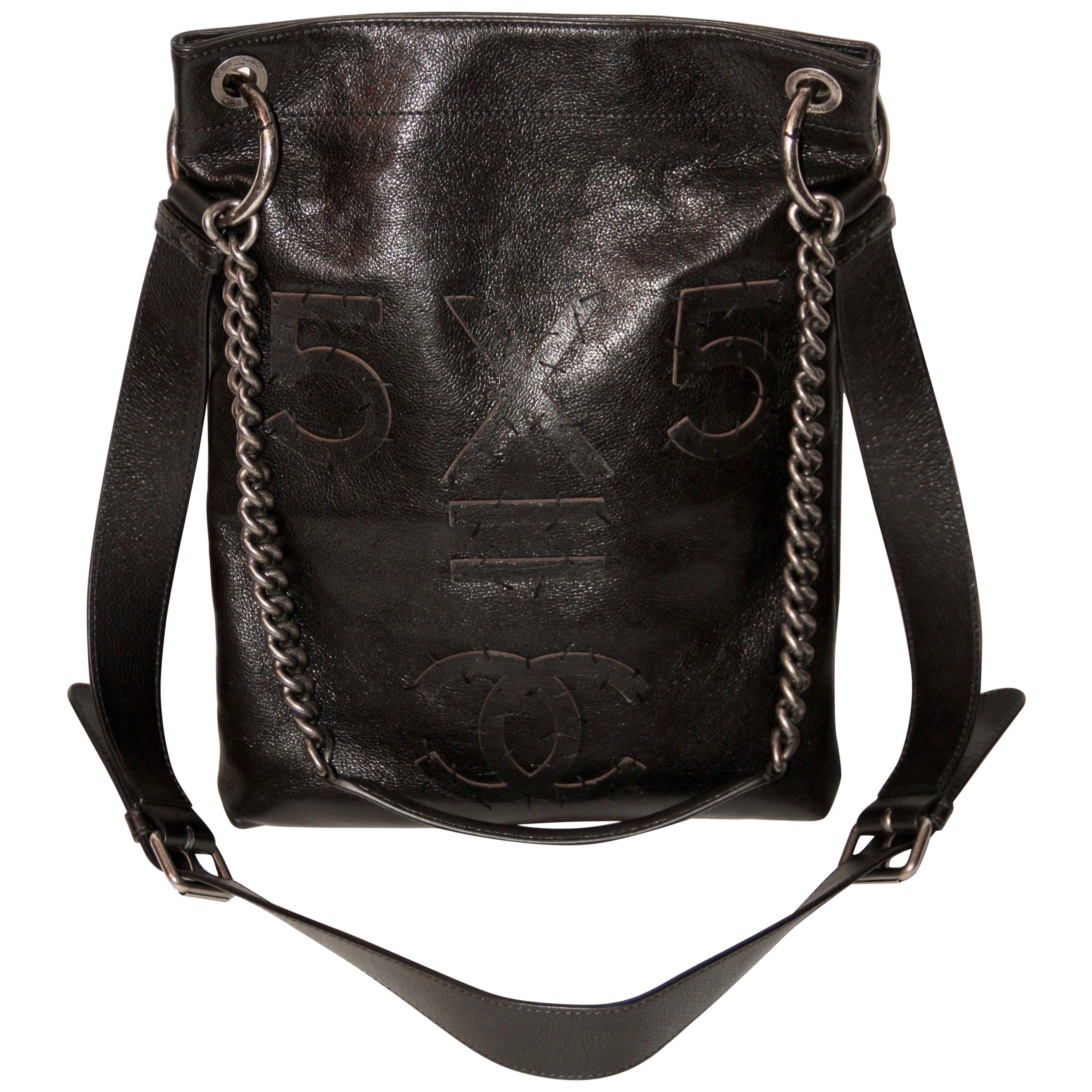 Chanel 5 x 5 CC Black Smooth Leather Satchel Bag