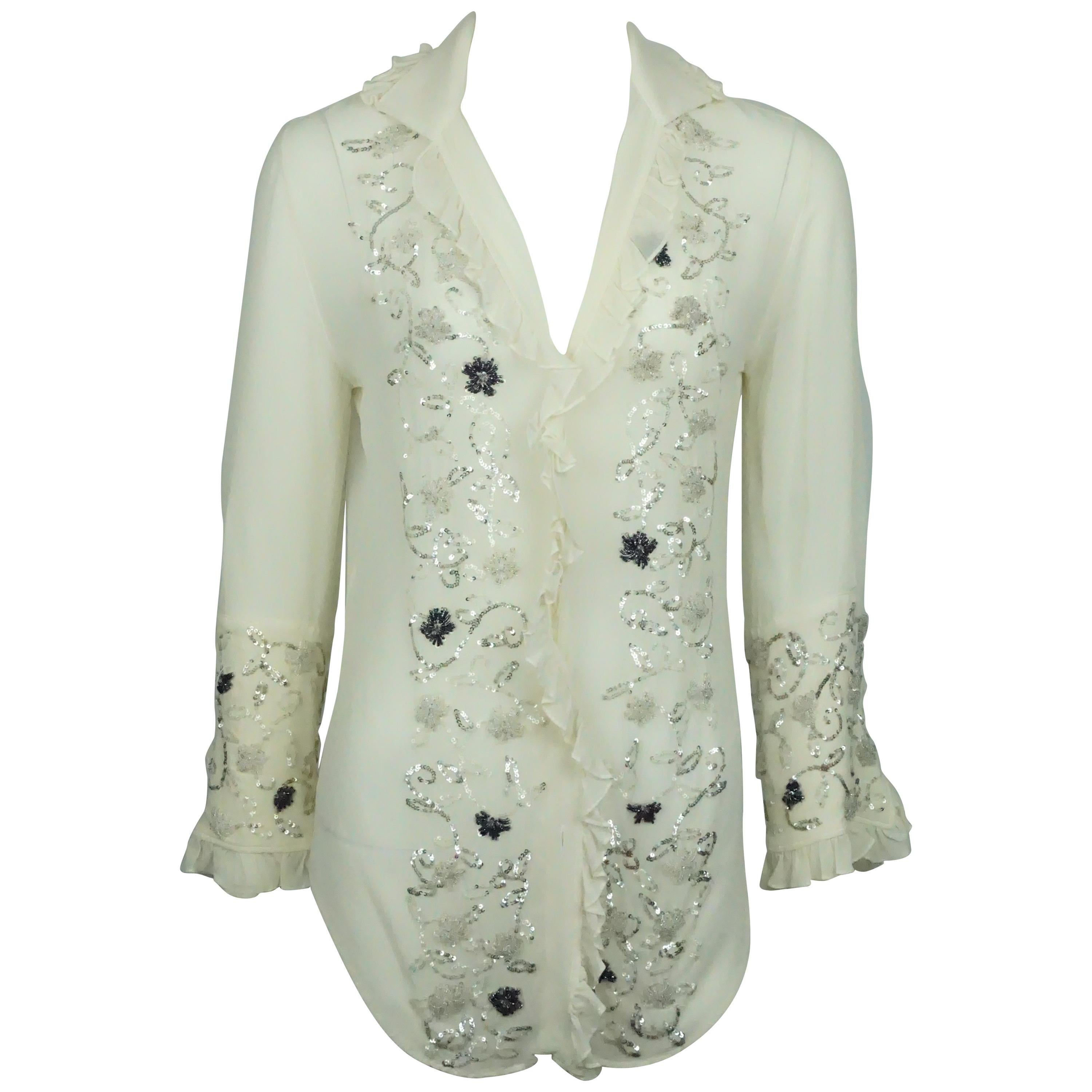 Dolce & Gabbana Ivory Silk Chiffon Top w/ Beaded Details - Medium