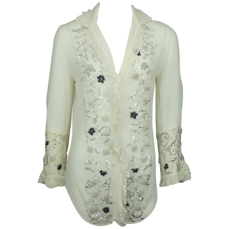 Dolce and Gabbana Ivory Silk Chiffon Top w/ Beaded Details - Medium For ...