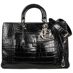 Christian Dior Bag Diorissimo Pocket Matte Black Crocodile Tote Shoulder Strap 
