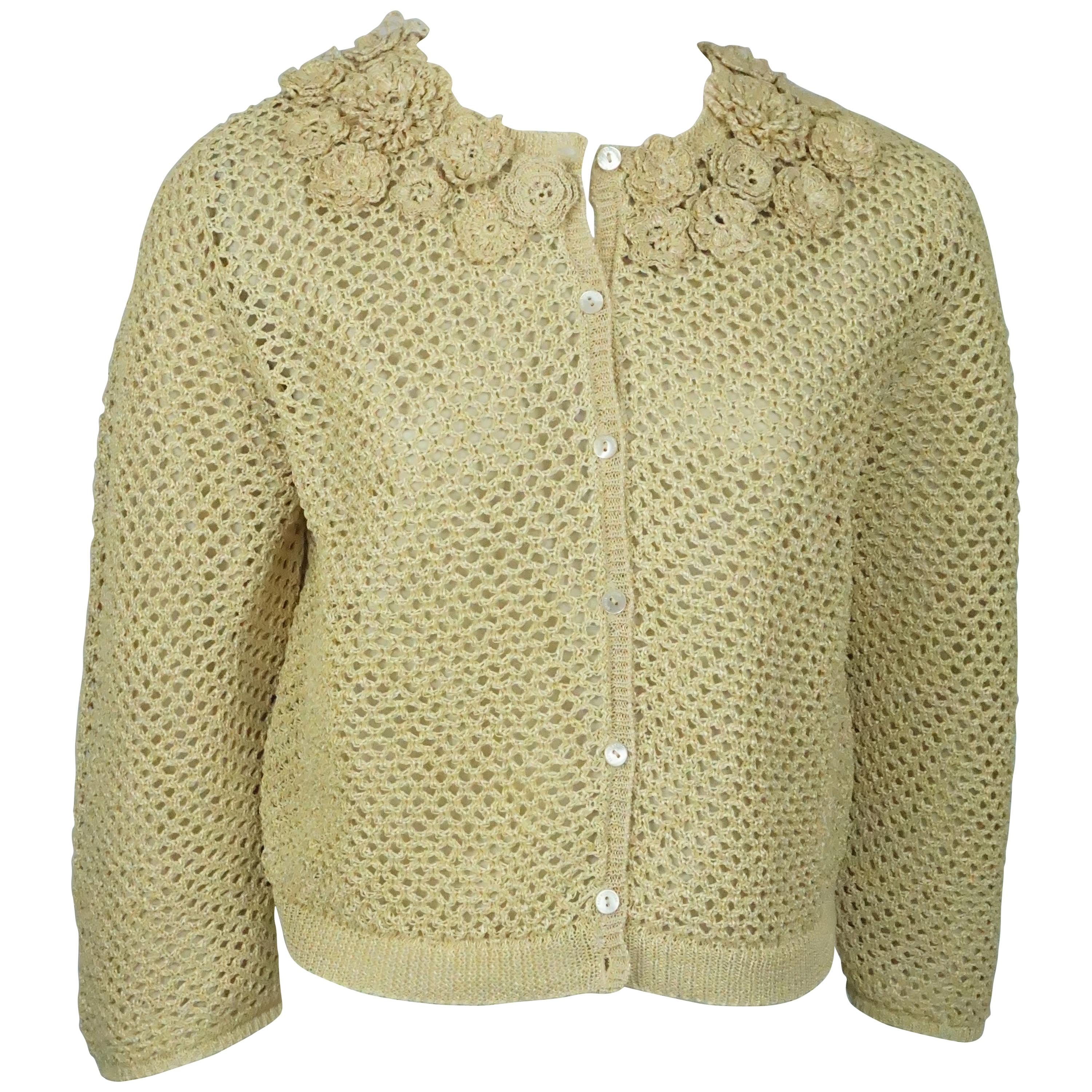 Red Valentino Beige Raffia Crochet Knit Jacket w/ Floral Detail -  Medium