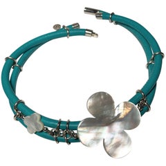 Rock Lily ( NEW ) Turquoise Leather Choker With Mother-Of-Pearls Clovers  