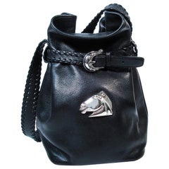 Barry Keiselstein-Cord Black Leather Horse Bucket Bag with Silver Hardware
