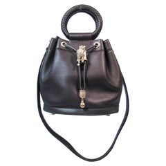 Barry Keiselstein-Cord Olive Drawstring Bucket Bag with Frog and Gold Hardware