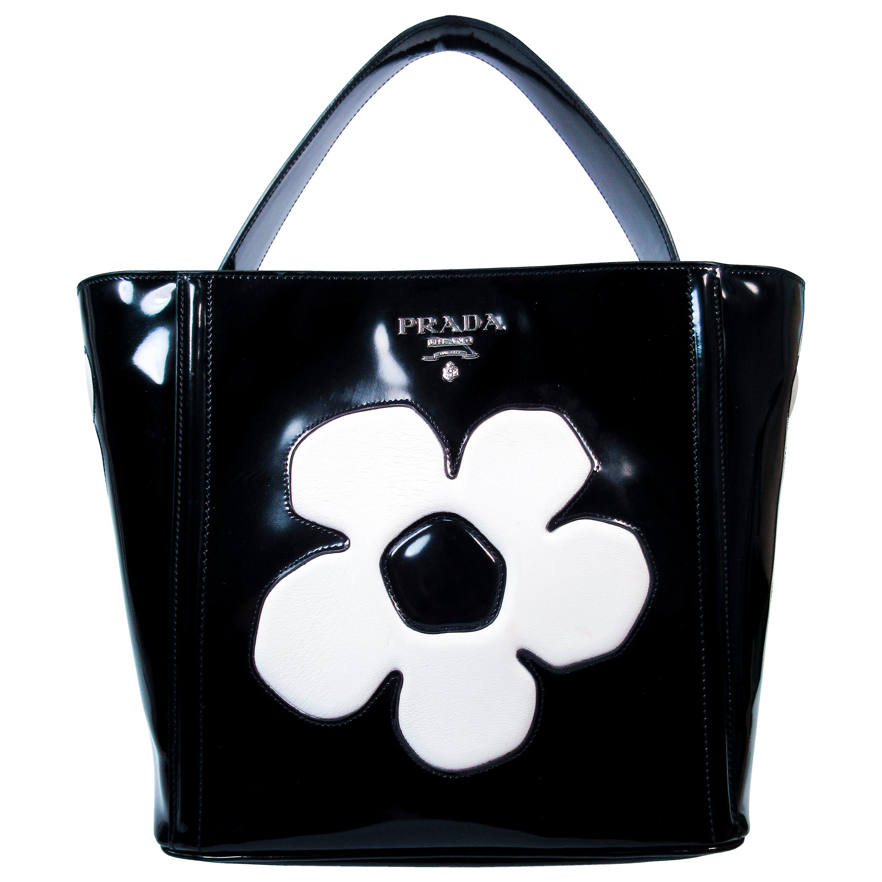 Prada Black and White Patent Leather Flower Purse with Optional Shoulder Strap 