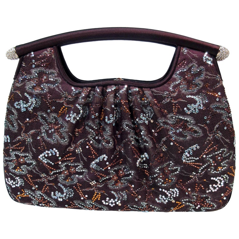 Judith Leiber Brown Satin Rhinestone Frame Purse with Optional Strap