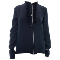 Marni Midnight Navy Blue Silk Blouse with Ruffle
