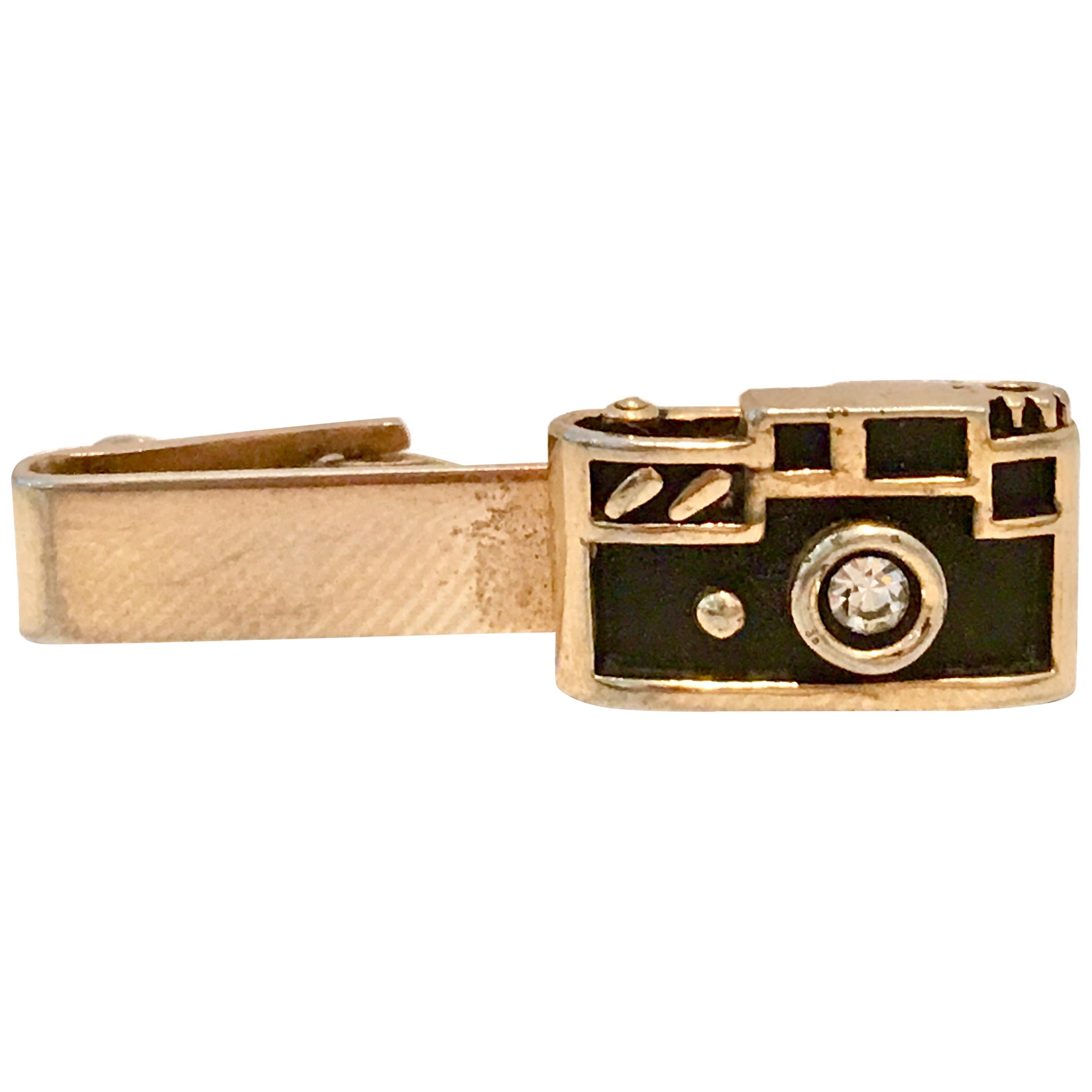 Mid-Century Gold Enamel & Crystal Rhinestoe "Camera" Tie Clip By, Swank