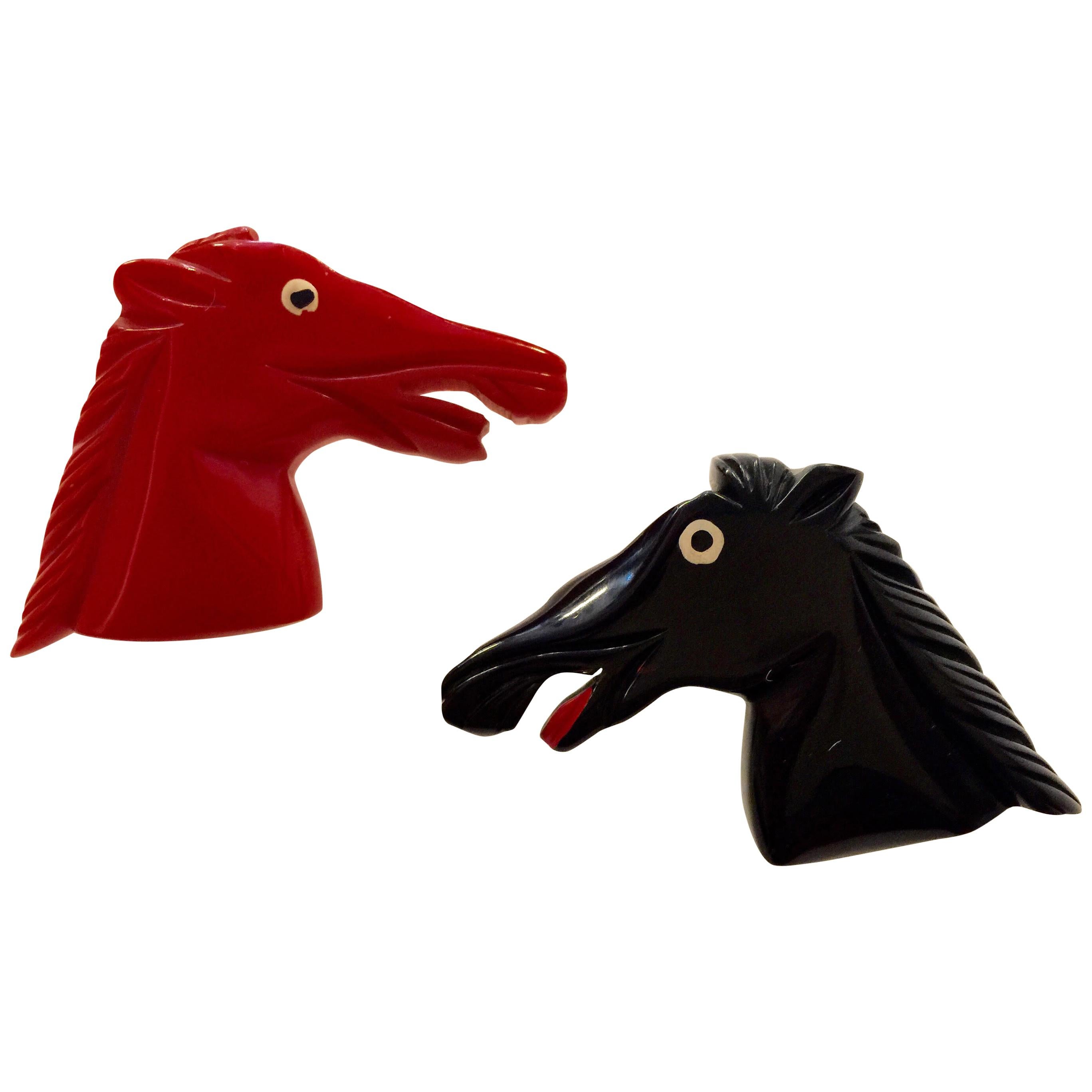 Pair 1930s Black Red Bakelite Braying Donkeys Horses Brooches/Pins For Sale