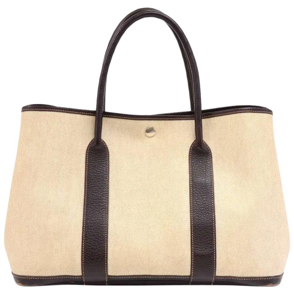 Hermes Garden Party PM Chocolate Brown Leather Beige Canvas Hand Bag For Sale