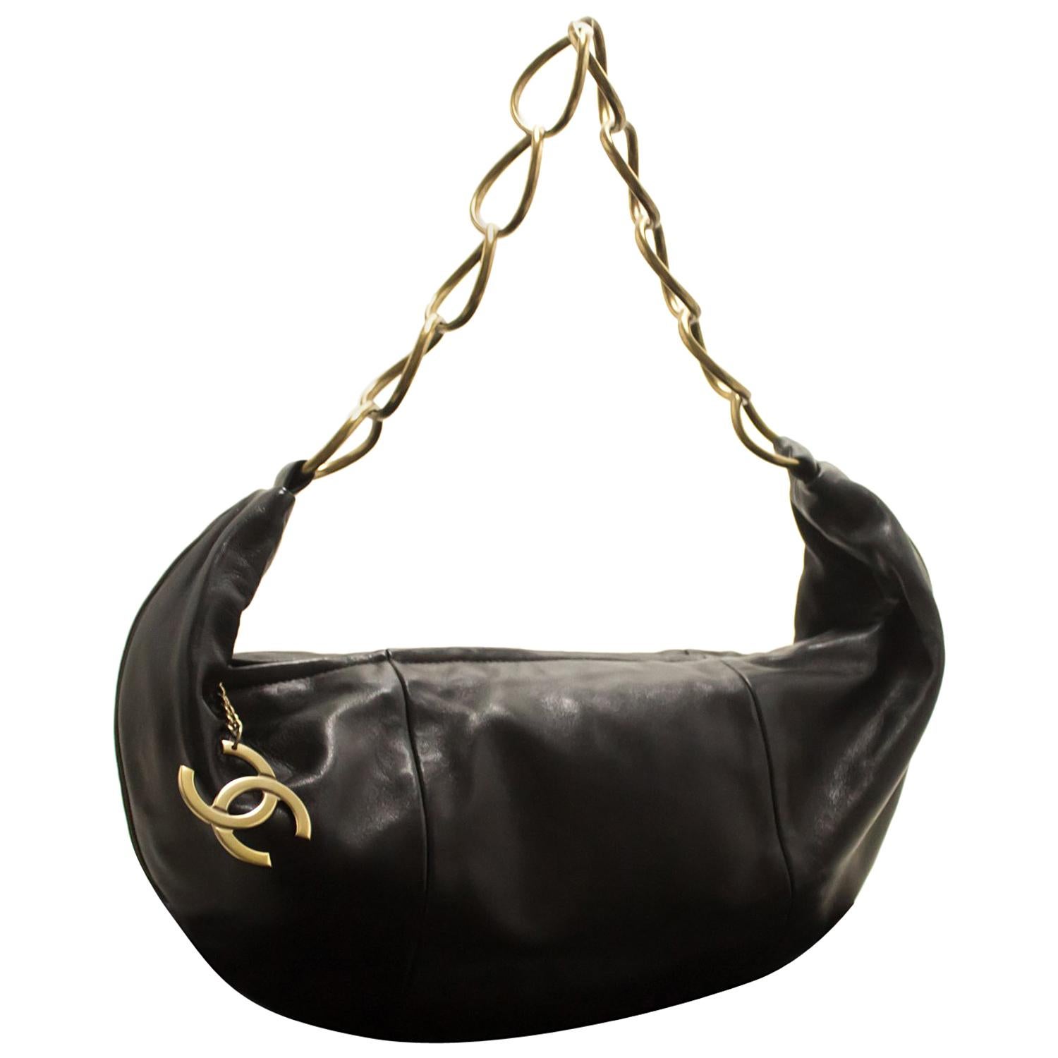 Chanel Half Moon Lambskin Chain Black Leather Zipper Shoulder Bag 