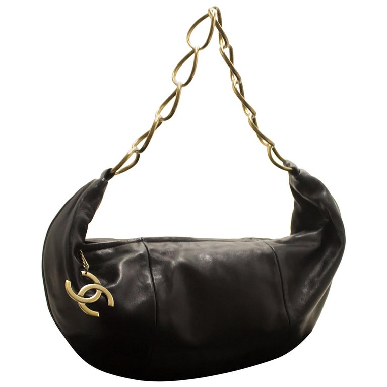 Chanel Half Moon Lambskin Chain Black Leather Zipper Shoulder Bag